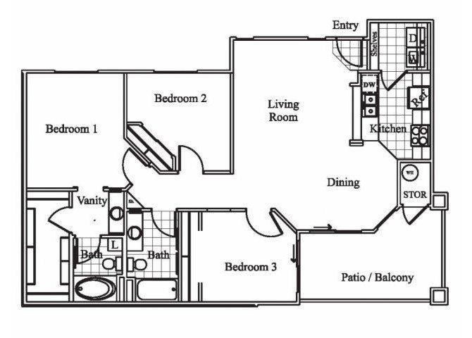 3 bedroom 2 bathroom floor plan at Silverbell Springs Apartments in Tucson, AZ
